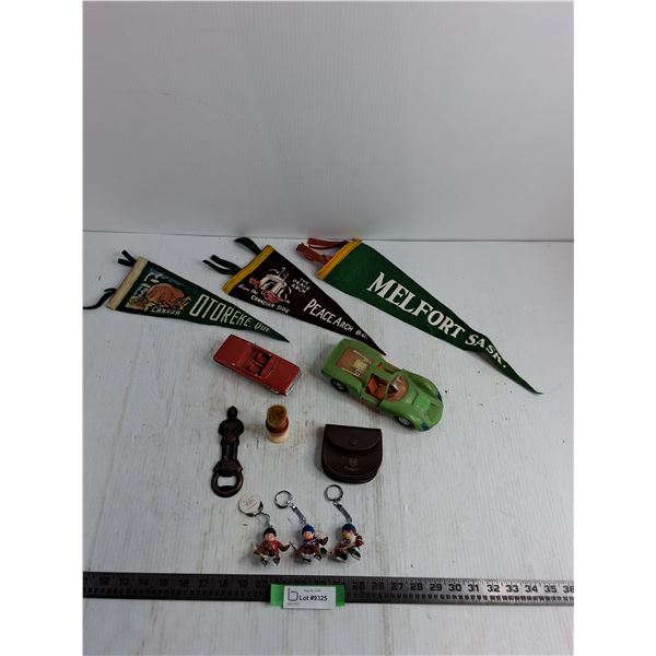 Vintage Pennants, Toy Cars, Change Purse, NHL Keychains, Misc.