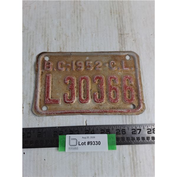 B.C. Recreational Vehicle License Plate from 1952