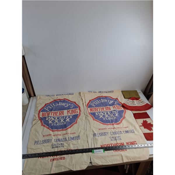 (2) Pillsbury Flour Sacks, Guiness Hat, Mini Canadian Flag, WW2 Document Holder