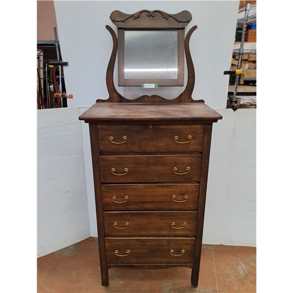 * Vintage Hard Wood 5-Drawer Dresser - 6' Tall Including Mirror - Cannot Ship