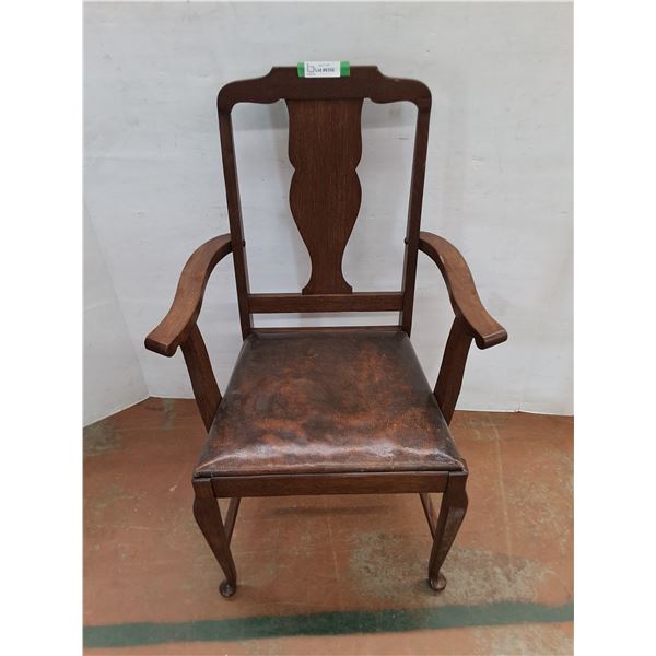 * Antique Walnut & Leather Queen Anne Style Arm Chair - 41" Back x 25" Width - Pickup Only
