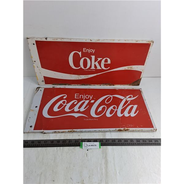 (2) Vintage Metal Coca-Cola Display Signs - 22" x 10" - Some Rust