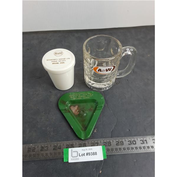 Small A & W Mug, Gulf Nesting Cups, Bruno Hotel Ash Tray