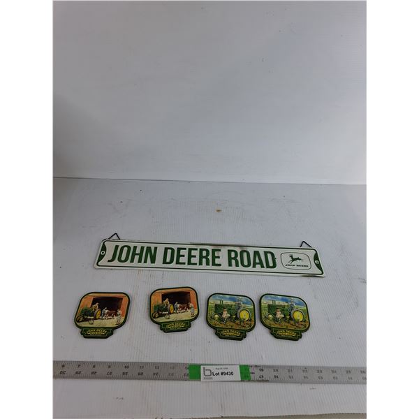John Deere Road Sign 20"x4", (4) John Deere Coasters