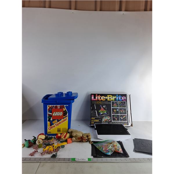 Blue Lego Bin, Various Toy Figuriens, Lite-Brite Game( all as is)