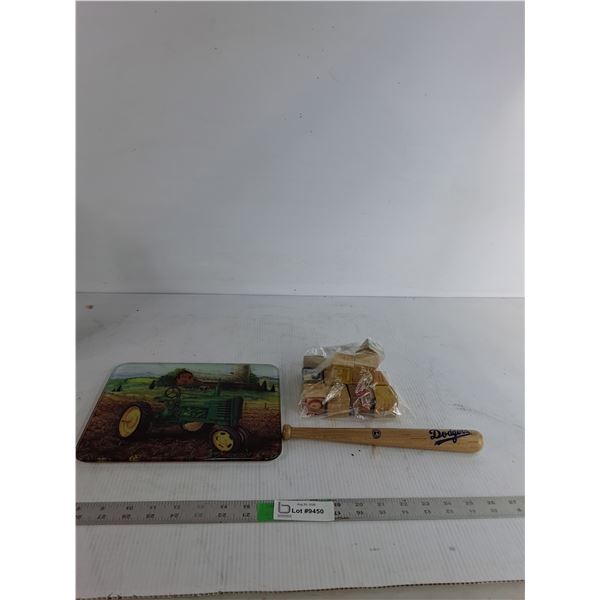 Glass Top Cutting Board, Toddler Wooden Blocks, Mini Wooden Dodgers Bat ( as is)