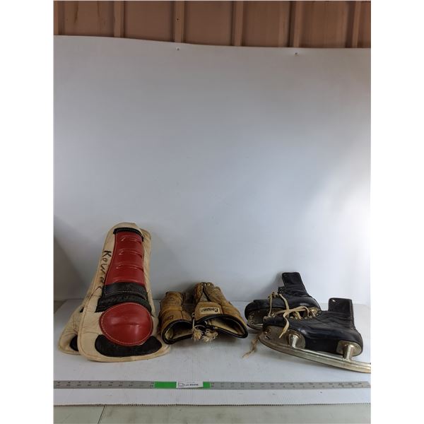 Vintage Hockey Shin Guards, Gloves & Skates ( as is)