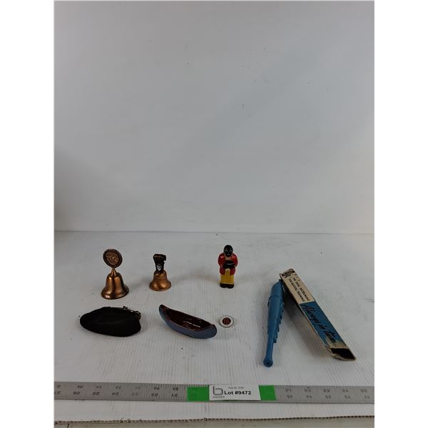 Vintage Hand Bells, Coin Pouch, Youth Bowling Pin, Flute, Misc