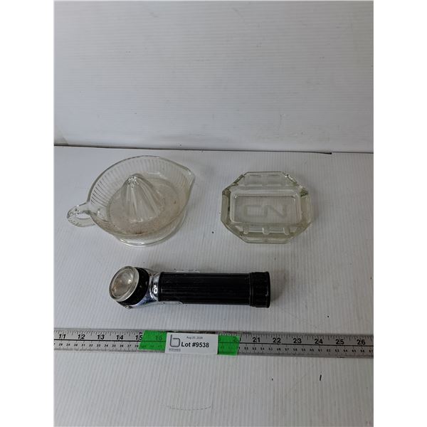 Glass Citrus Reamer, CN Ashtray & USALite Flashlight- As Is