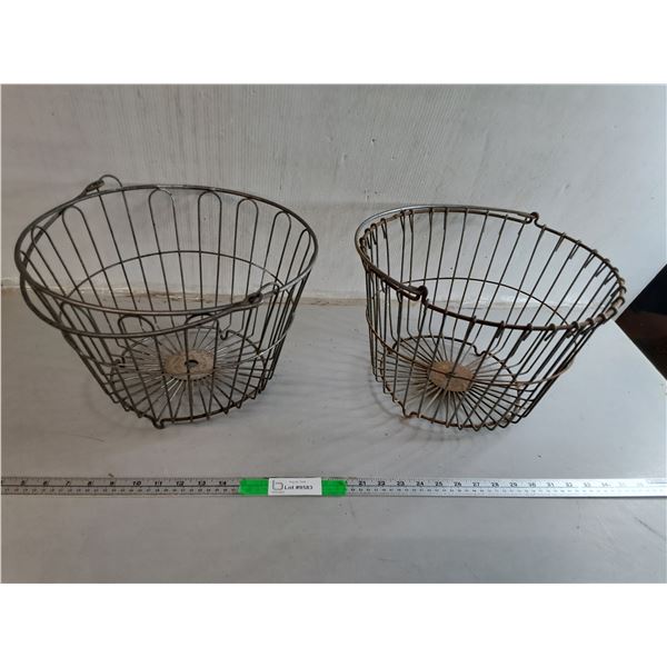(2) Vintage Metal Egg Gathering Baskets 9.25" Tall, 13.75" Diameter, Can't Ship