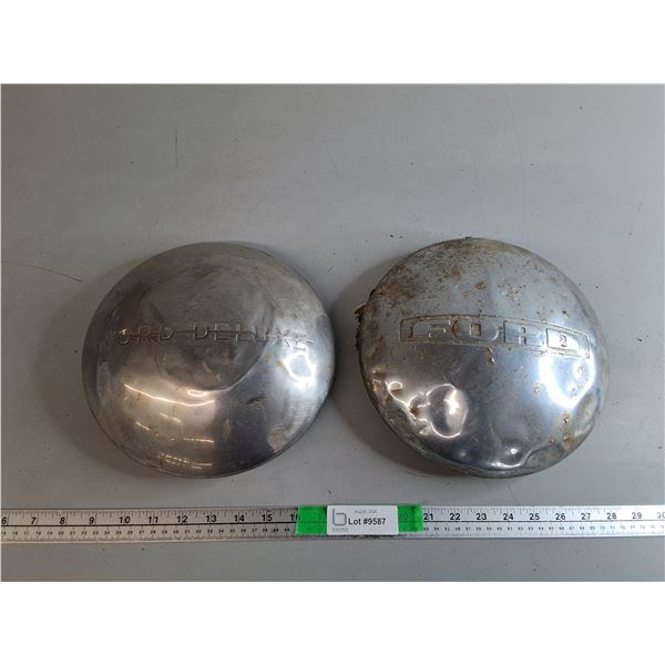 (2) Ford Vintage Hubcaps 9.5" & 10" Outer Diameter