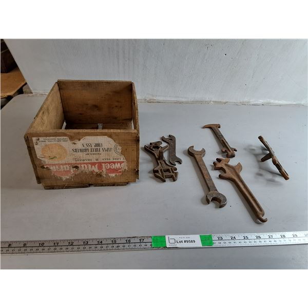 Wooden Crate 11.75" x 8.75" x 6" x & Vintage Wrenches