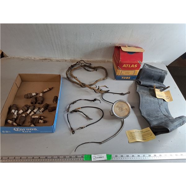 Vintage Spark Plugs, Headlight, Tire Tube, Misc.