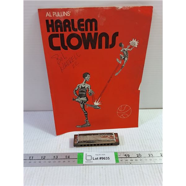 Vintage Harlem Clowns Souvenir Program with Autograph,Thorens No.60 Harmonica Made in Switzerland