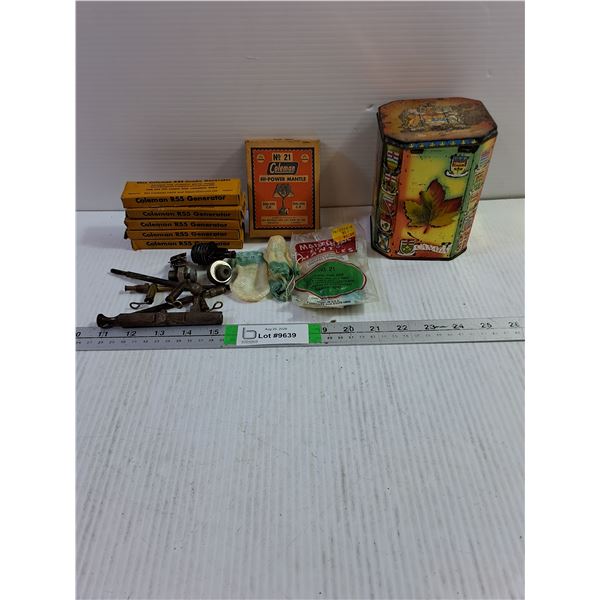 Coleman Vintage Lantern Lot- (5) Generators,Mantles and Assorted Parts with Tin