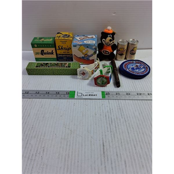 Vintage Misc. Lot-Salt/Pepper,A&W Bear,Watches,Harmonica,Ink,Simpsons