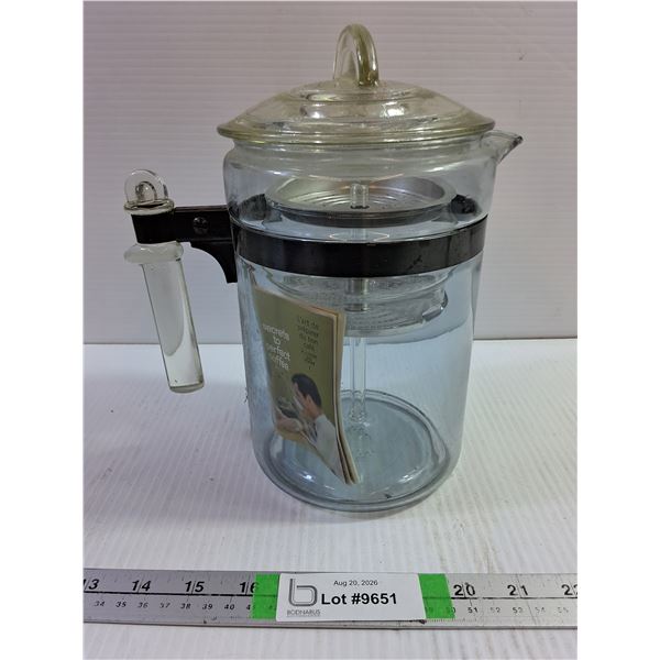 Vintage Pyrex Flameware 6-Cup Stovetop Perculator-Featuring Stainless Steel Band and Clear Glass Ha