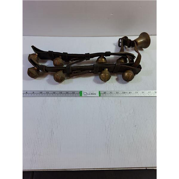 Antique Brass Sleigh Bells Mounted on a Vintage Leather Harness Strap