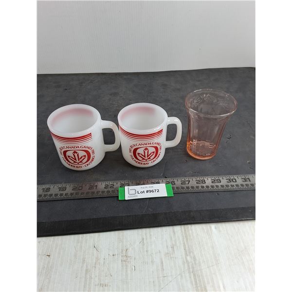 1981 Canada Games Commemorative Glasbake Mugs, Jeanette Pink Depression Glass Tumbler