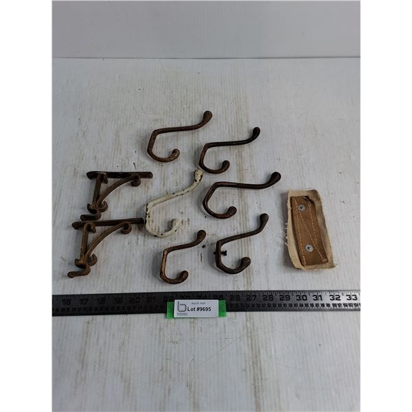 Vintage Metal Coat Hooks, Shelf Brackets, Leather Piece