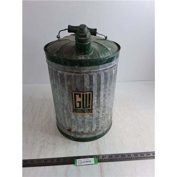 Vintage Galvanized GW Metal Fuel Can - 17" High x 11" Diameter - Cannot Ship