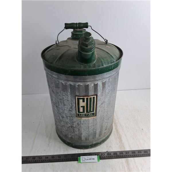 Vintage Galvanized GW Metal Fuel Can - 17" High x 11" Diameter - Cannot Ship