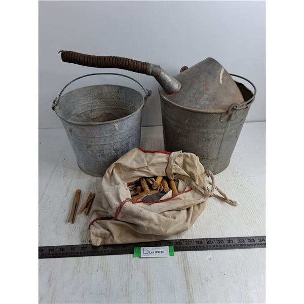 (2) Vintage Galvanized Pails - 1 W/Spout, Sack of Clothes Pins - PU Only