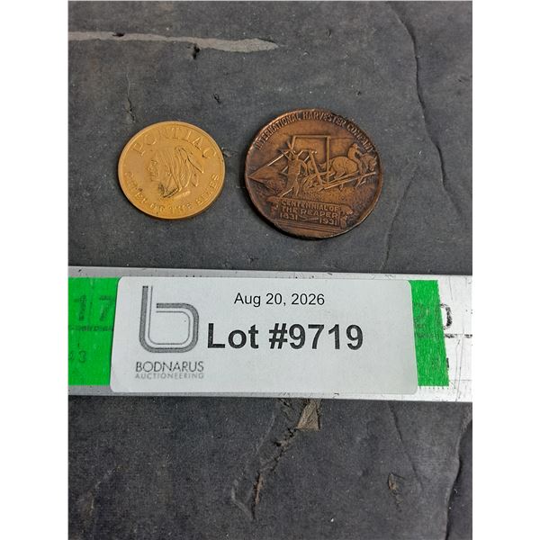 1931 International Harvester Company Bronze Medal and 1950's Pontiac"Chief of the Sixes" Token