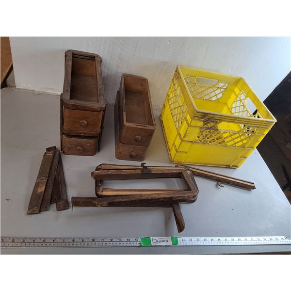 Plastic Crate 13" x 13" x 11" & (2) Wooden Storage Drawers- Require Repair, Can't Ship