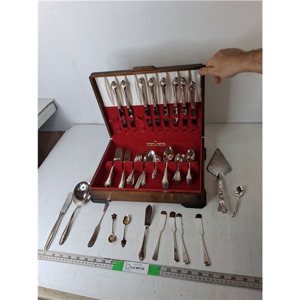 1847 Rogers Bros. Wooden Storage Box & Silver Plated Cutlery