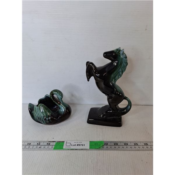 Green Drip Ceramic Horse Figurine 9" & Swan Catchall Dish