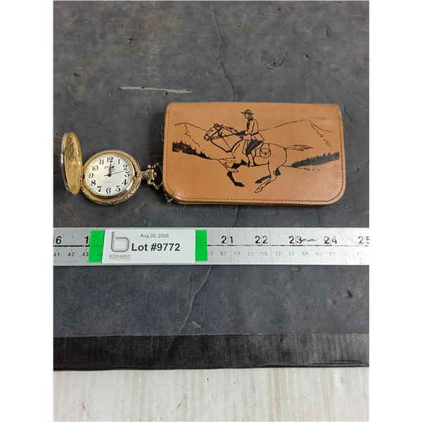 Phaser Quartz Pocket Watch with Train on Cover,Western-Style Wallet with R.C.M.P Theme