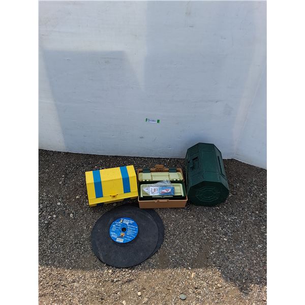 ** (2) Tool Boxes, (2) Tackle Boxes w/Lures, (2) Chop Saw Wheels