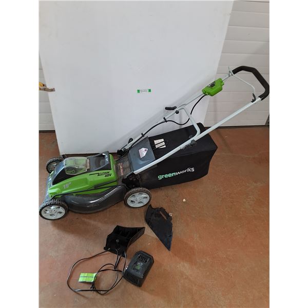 * Greenworks Lithium Cordless Lawnmower - Powers On, Battery, Battery Charger, (2) Parts-Cant Ship