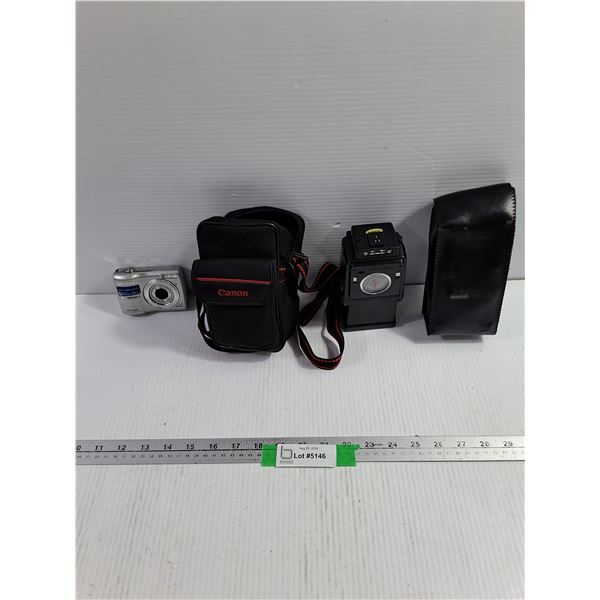 Olympus FE-210 Camera, Canon Speedlite 199A Shoe Mount Flash for Film Camera & Case w/ extra Case - 