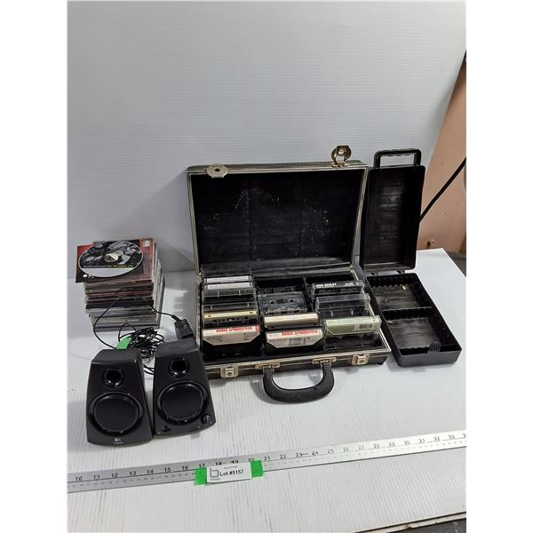 (2) Logitech Speakers (Powers On), Assorted CDs, Cassettes w/ Cassette Cases