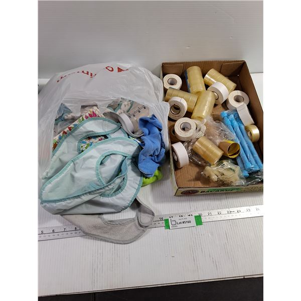 Assorted Tape & Baby Bottles, Bibs, Clothes