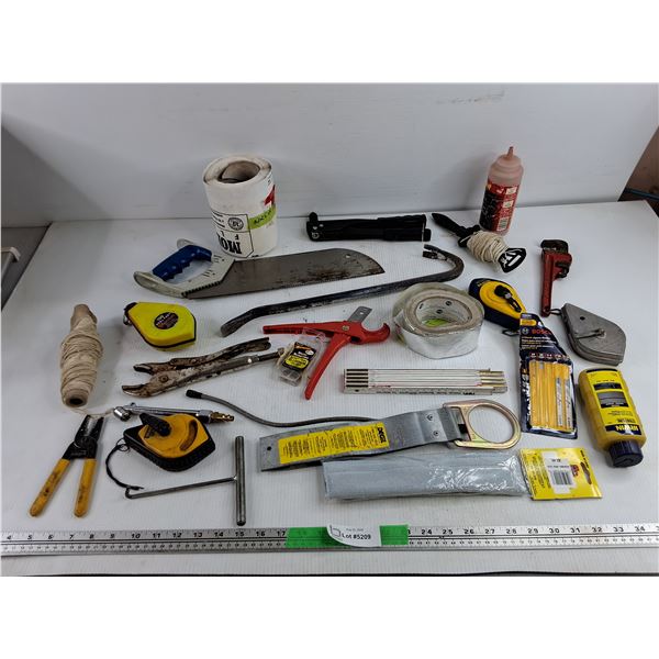 Miter Saw, Vise Grips, Chalk Line, Folding Ruler, Crowbar, Pipe Wrench, Misc