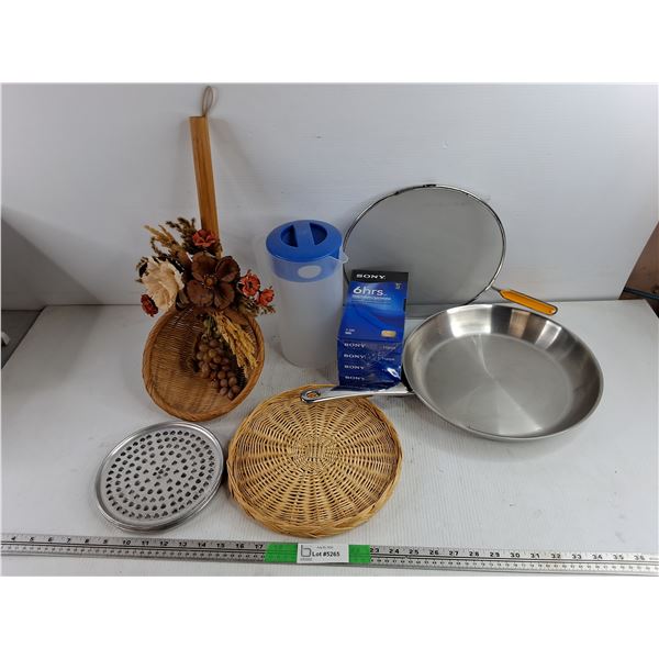 Wicker Decorative Ladle, Frying Pan, Wicker Serving Plate, Sony VHS Tapes, Plastic Pitcher, Misc
