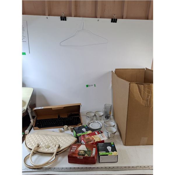 Keyboard/Mouse, Untested Lightbulbs,  Purse, (3) Saucers, Assorted Misc