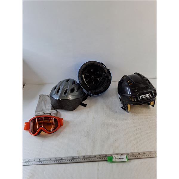 (2) Bike Helmets, (1) Hockey Helmet, (1) Goggles Pair