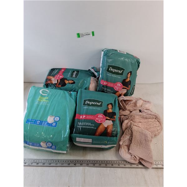 (4) Packs of Diapers, Compliments and Depend Small Sized