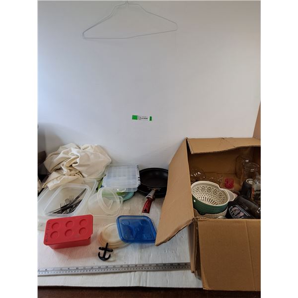 Utensils, (2) Skillets, Food Containers, Assorted Cups and Jars, Misc