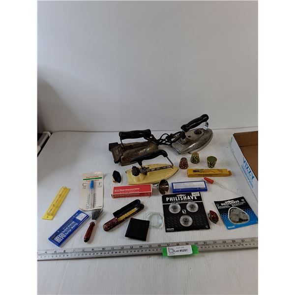 Assorted Thermometers, (3) Clothing Irons, Pipette, Magnifying Glass