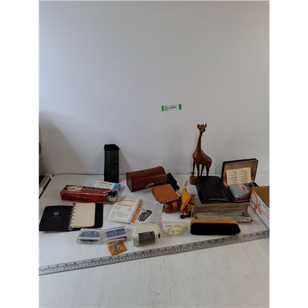 Assorted Brushes, Steel Pins, Tailor Tacks, Giraffe Sculpture, Misc