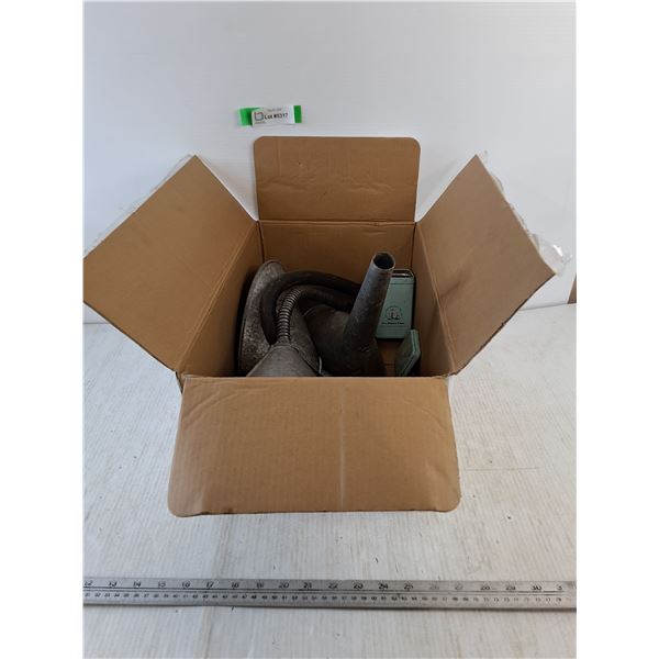 (4) Metal Funnels, (1) Empty Tea Canister