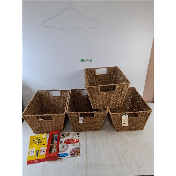 (4) Wicker Baskets, Meat Thermometer, Cake Decoration Set As-Is