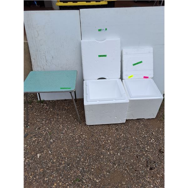 **(2) Styrofoam Coolers, (1) Small Folding Table No Shipping