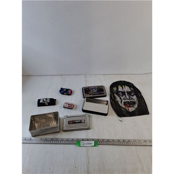 (2) Nascar Tins, (2) Small Display Cars, Halloween Headrest Cover