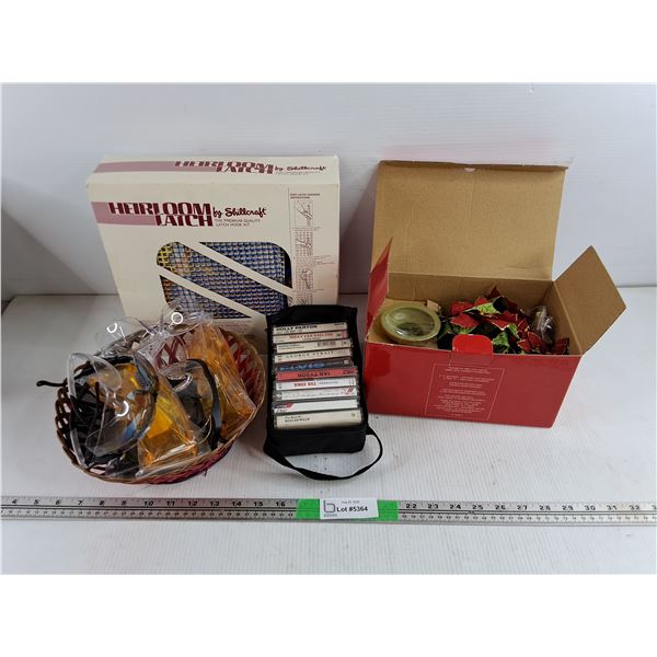 Shillcraft Latch Hook Kit, Music Cassettes, Wicker Basket, Safety Goggles & Poinsettia Tree w/ Light